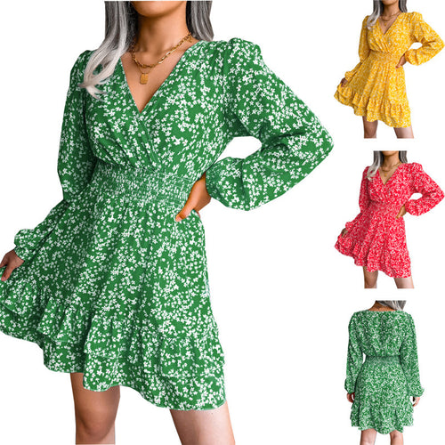 Damen romantisches Blumenkleid mit V-Ausschnitt und Rüschendetails Drune