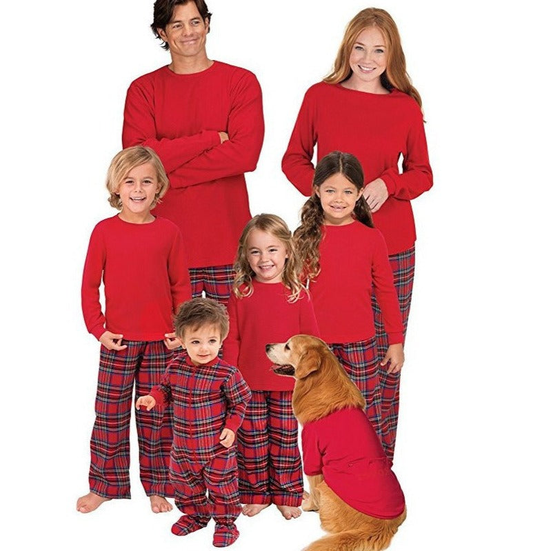 Drune | Weihnachts Langarm Pure Red Top und Lange Karierte Hose Familie Passende Pyjamas