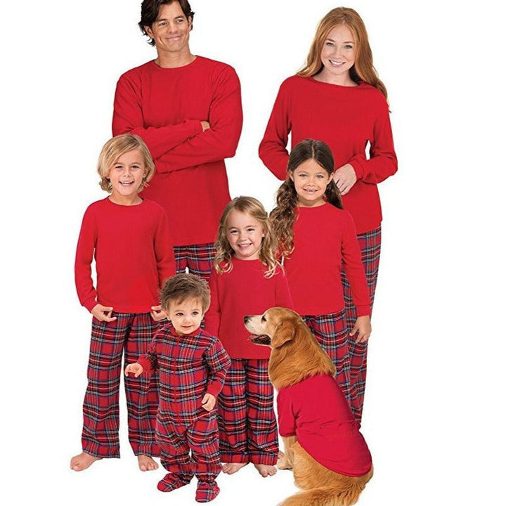Drune | Weihnachts Langarm Pure Red Top und Lange Karierte Hose Familie Passende Pyjamas