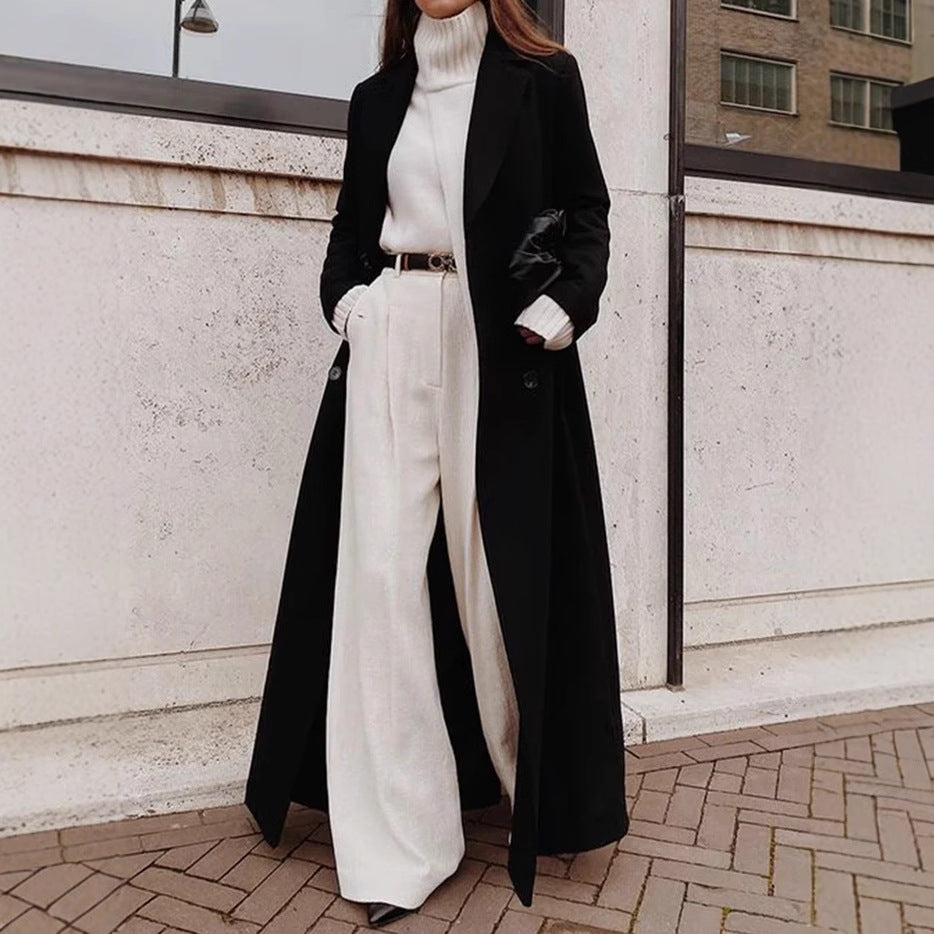 Damen Eleganter Oversized Wolle-Mantel mit schmalem Gürtel Drune