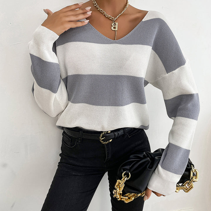 Damen lässiger Strickpullover mit V-Ausschnitt und Blockstreifen Drune