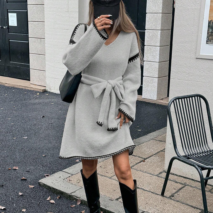 Damen Strickkleid mit taillierbarem Gürtel und optischen Details Drune