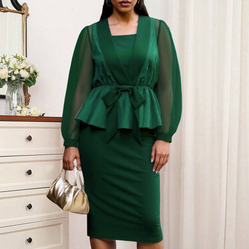 Damen elegantes Kleid mit transparentem Ärmel und tailliertem Gürtel Drune