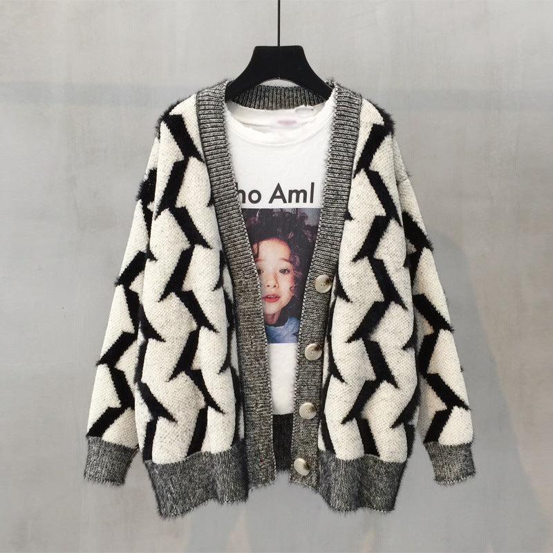 Damen Grobstrick Cardigan mit modernem Zickzackmuster und Knopfdetails Drune