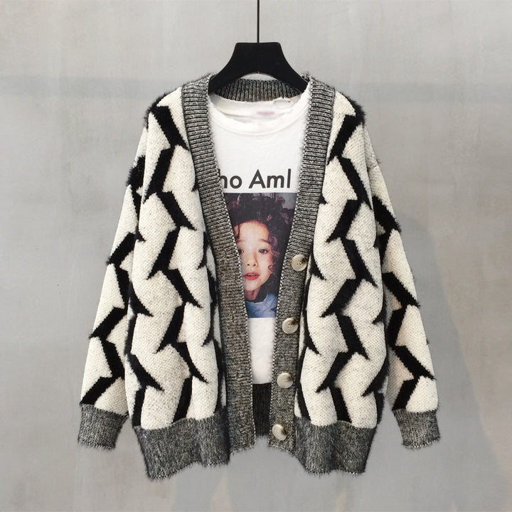 Damen Grobstrick Cardigan mit modernem Zickzackmuster und Knopfdetails Drune
