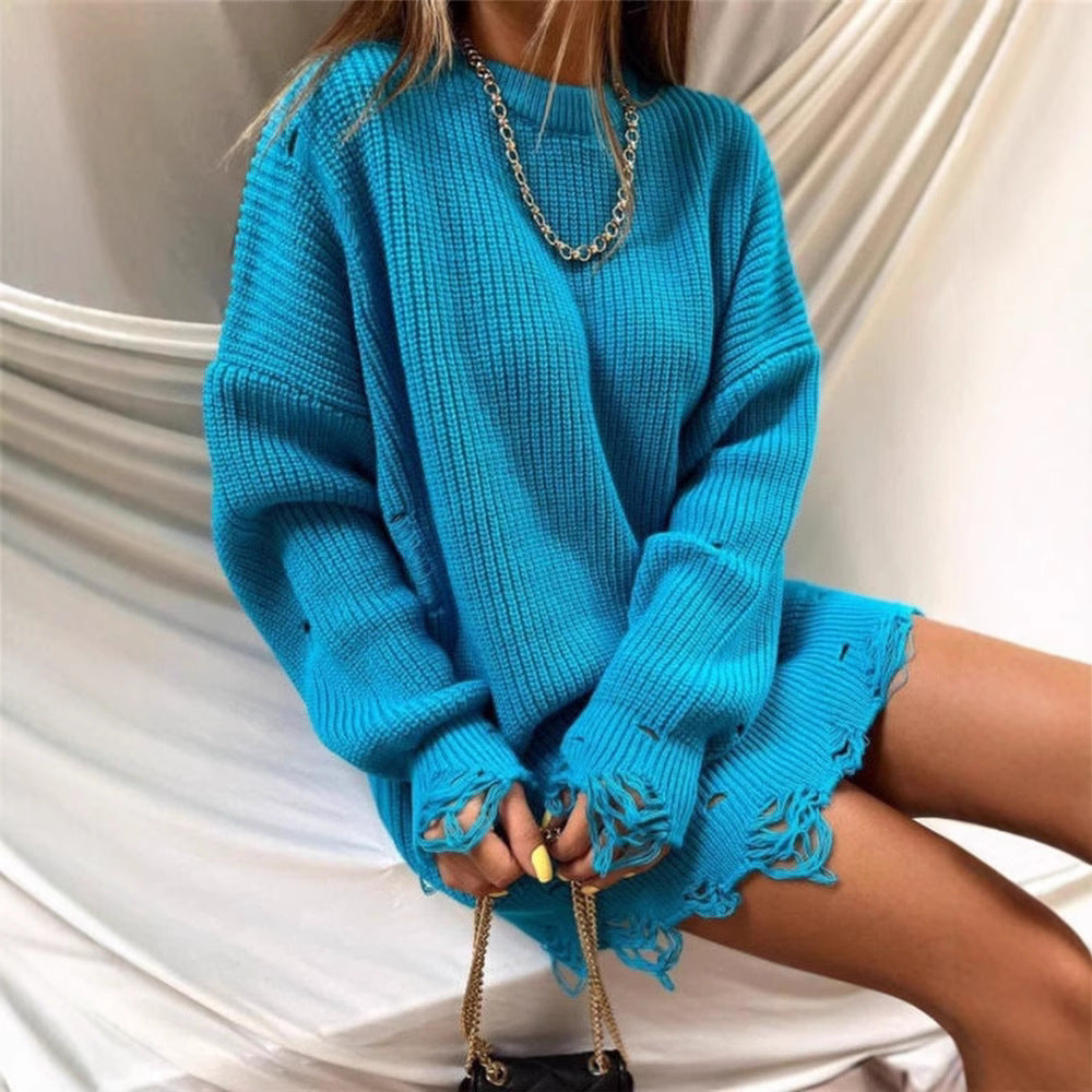 Damen lässiger Langpullover mit strukturiertem Rippdesign und offenen Säumen Drune