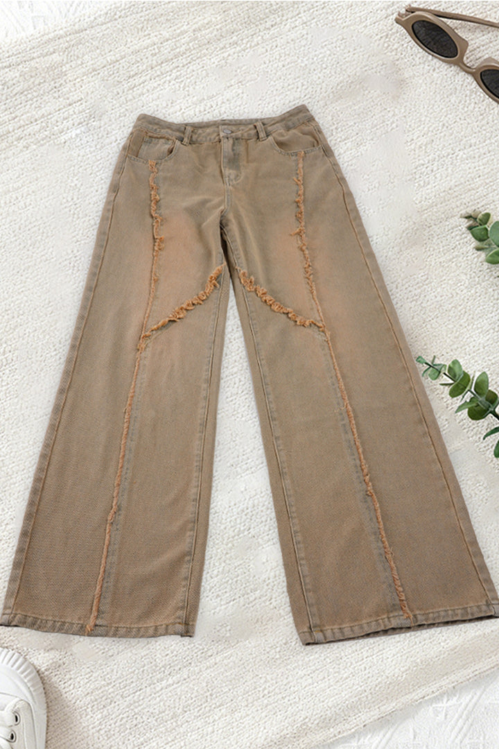 Damen nan hochgeschnittene Wide‑Leg Jeans mit offenen Saumnähten, diagonalem Fransenbesatz und Relaxed Fit Drune