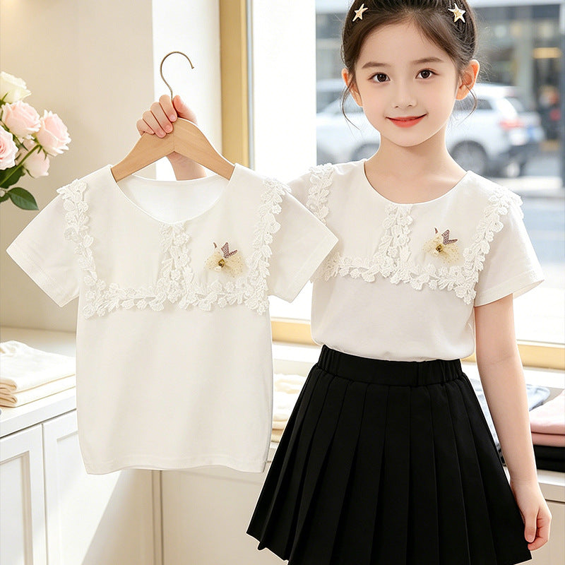 Mädchen T-Shirt mit floralen Häkel-Applikationen Drune