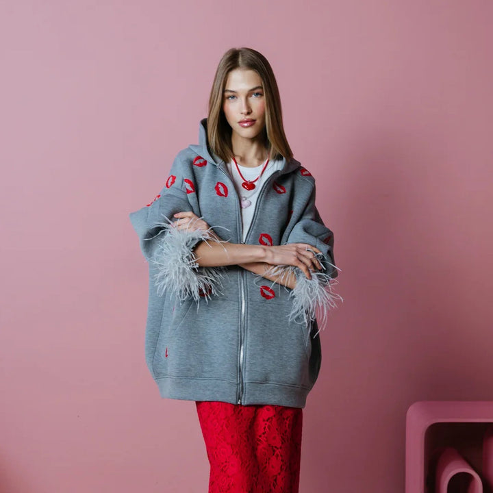 Damen Hoodie mit Federn und Lippenmotiv Drune