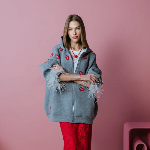 Damen Hoodie mit Federn und Lippenmotiv Drune