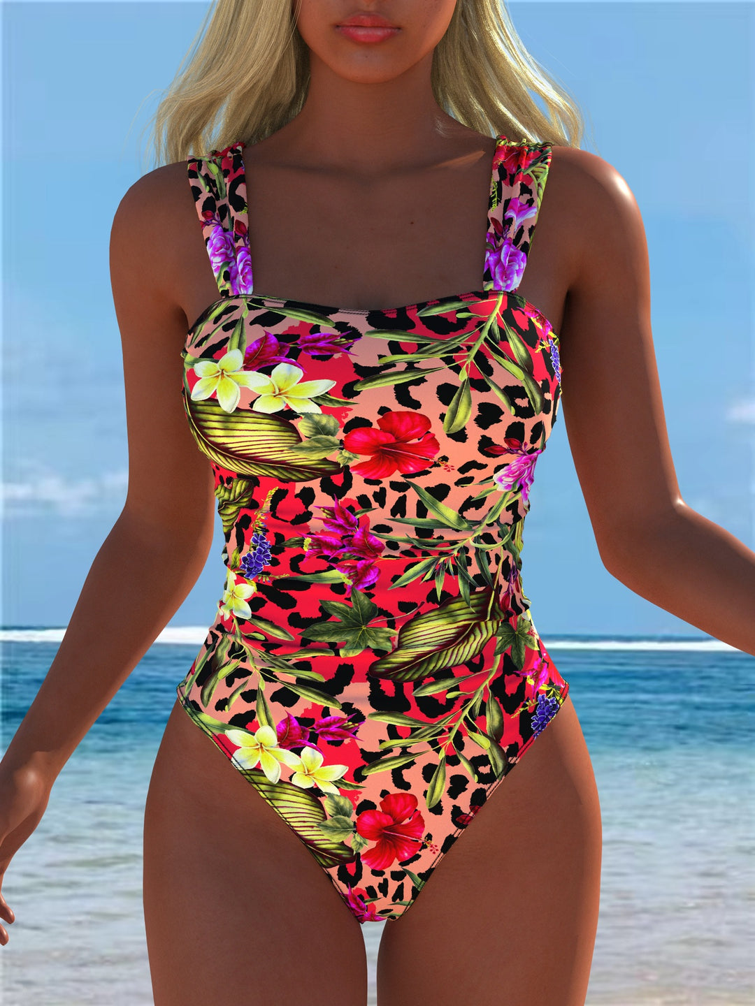 Damen einteiliger Badeanzug mit floraler und tierischer Musterkombination Drune