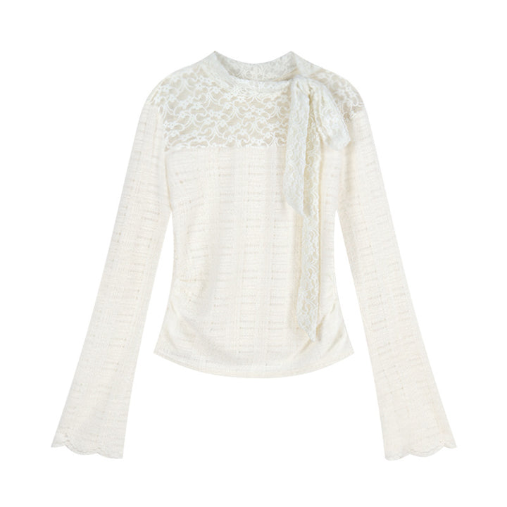 Damen elegantes Langarmoberteil mit Spitzen- und Schleifendetails Drune