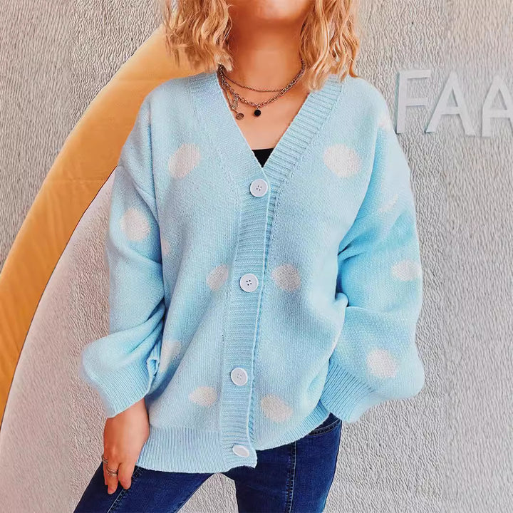 Damen lässige Strickjacke mit modernen Punkten und voluminösen Ärmeln Drune