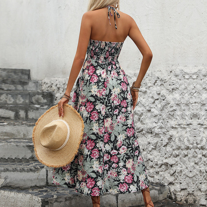 Damen Maxikleid mit floralen Rüschendetails und verstellbaren Spaghettiträgern Drune