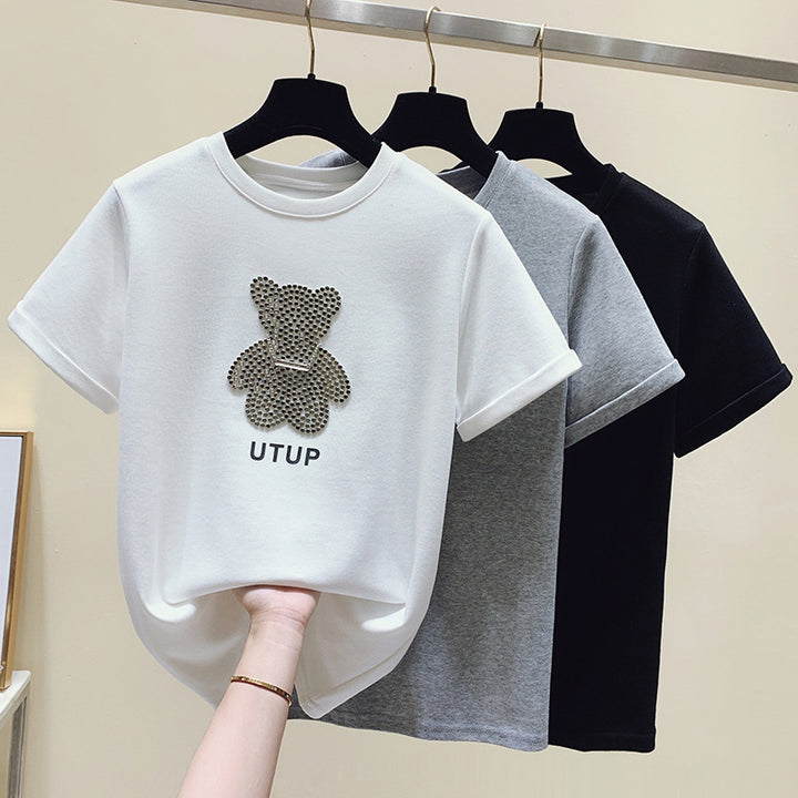 Damen T-Shirt mit glitzerndem Bärenmotiv und lässigem Schnitt Drune
