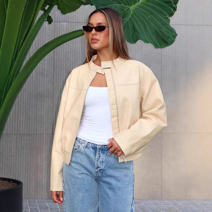 Damen Kunstleder Jacke mit elastischem Bund und hohem Stehkragen Drune