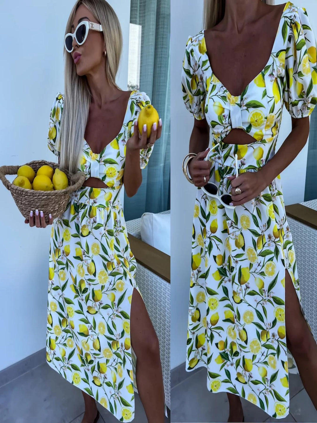 Damen Cut-Out Zitronen-Print Midi Kleid Drune