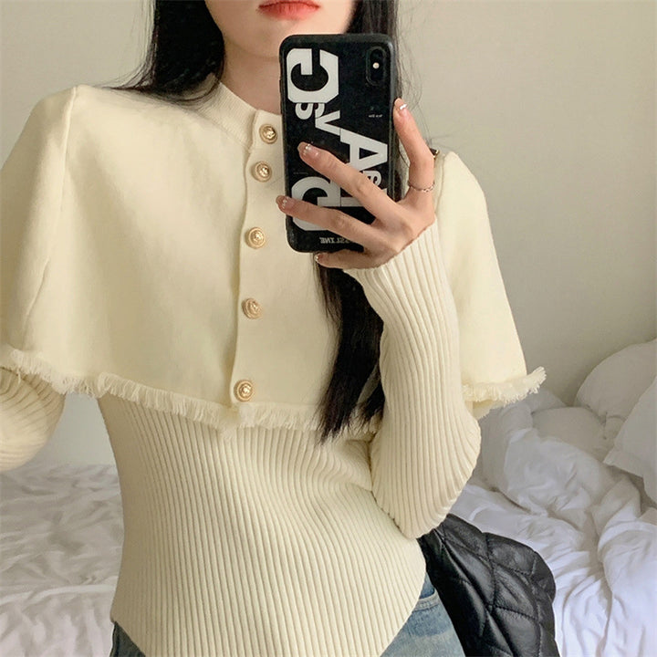 Damen modischer Pullover mit abnehmbarer Schulterpartie und Knopfdetails Drune