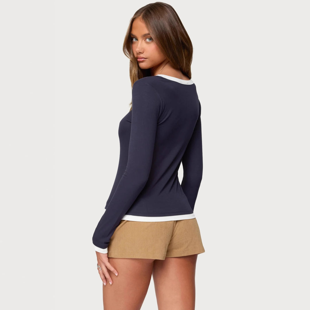 Damen Langarmshirt mit funktionalem Knopfleiste und Kontrastkragen Drune