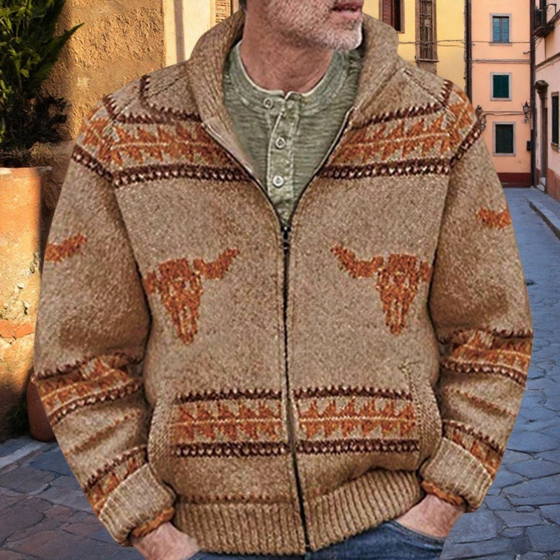 Herren Strickjacke mit einzigartigem Wildwest-Muster und warmem Futter Drune
