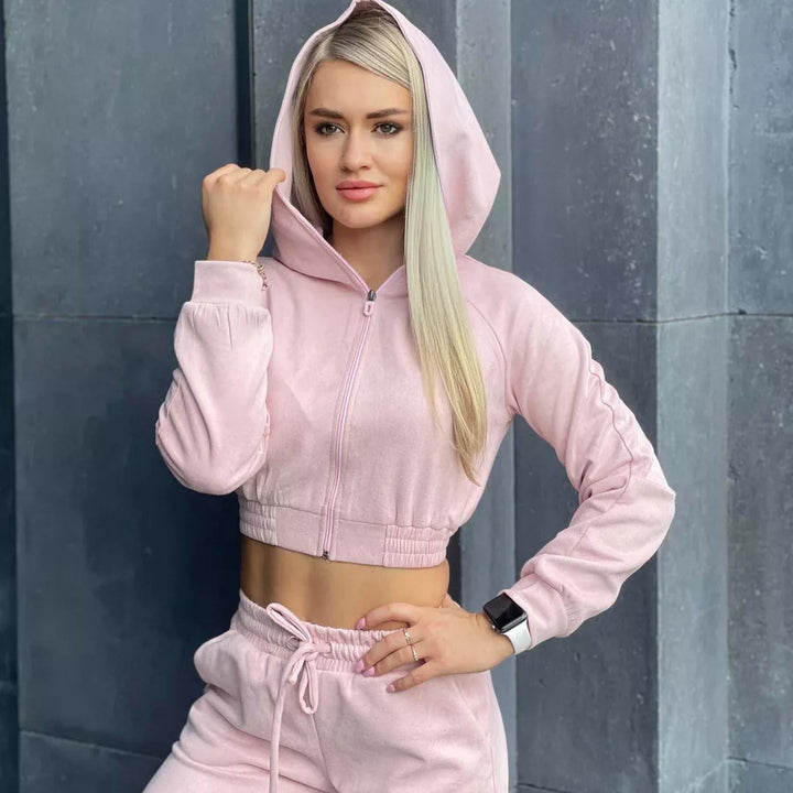 Damen Sportliches Fleece-Cropped-Set mit Kapuze und elastischem Bund Drune