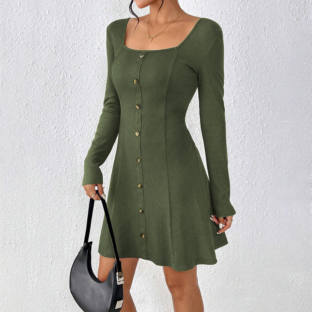 Damen Knopfleiste Kleid mit langem Arm und Quadrat-Ausschnitt Drune