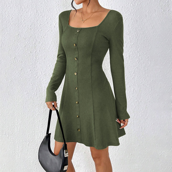 Damen Knopfleiste Kleid mit langem Arm und Quadrat-Ausschnitt Drune