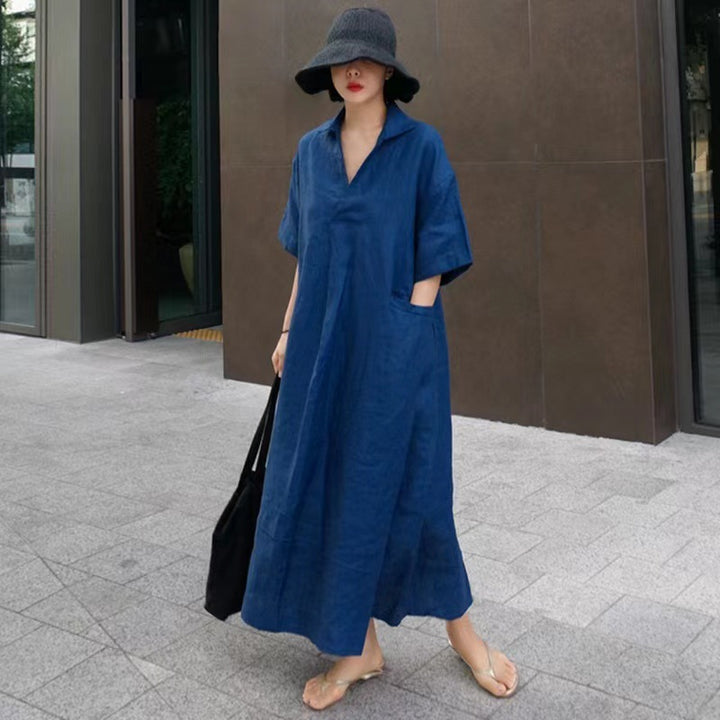 Damen Langarm-Wickelkleid aus Leinen mit bindbarem Taillenzug Drune