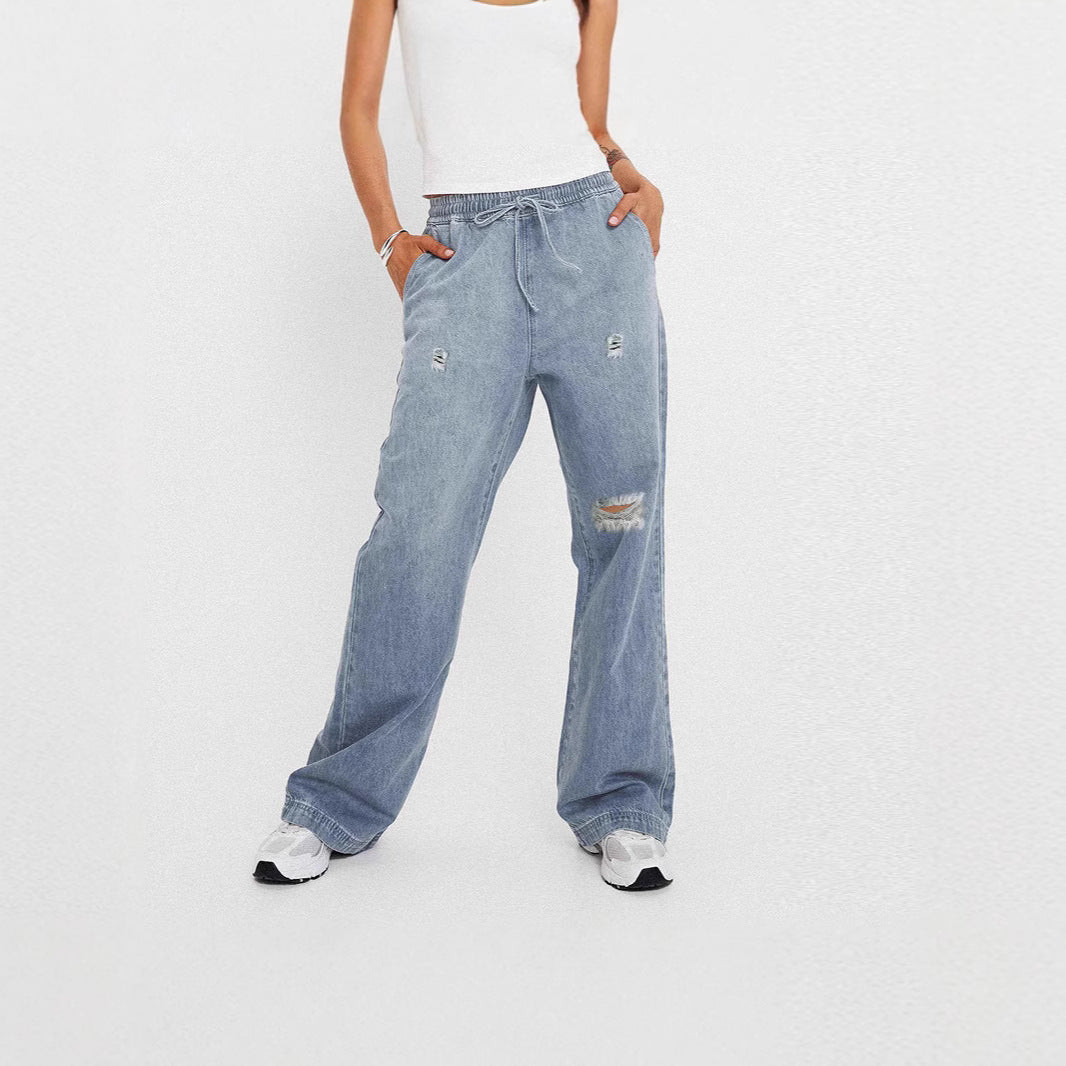 Damen lässige weite Denim-Hose mit elastischem Bund Drune