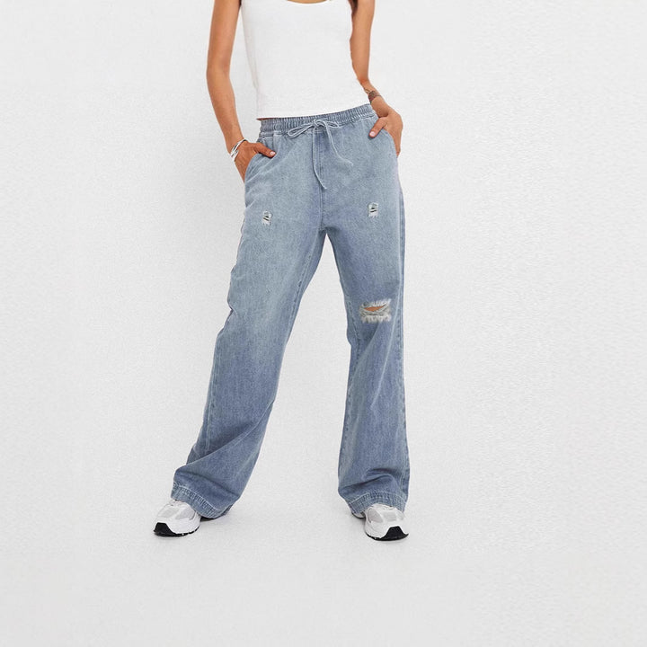 Damen lässige weite Denim-Hose mit elastischem Bund Drune