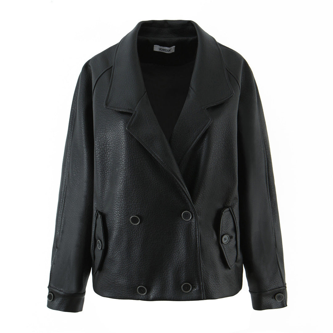 Damen modische Kunstlederjacke mit doppelter Knopfleiste und elegantem Schnitt Drune