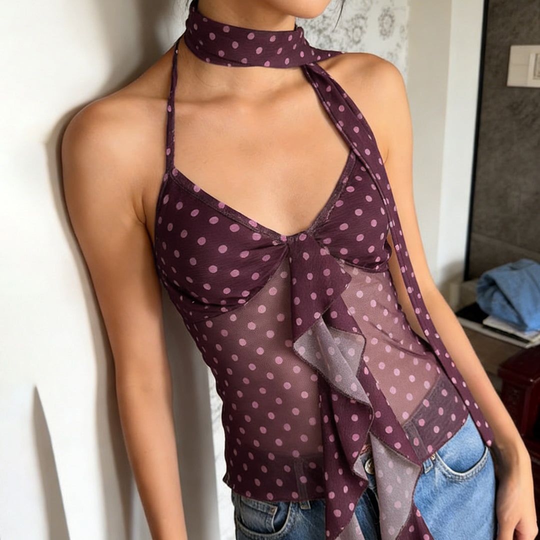 Damen luftiges Haltertop mit verspieltem Punkte-Design und Rüschendetails Drune
