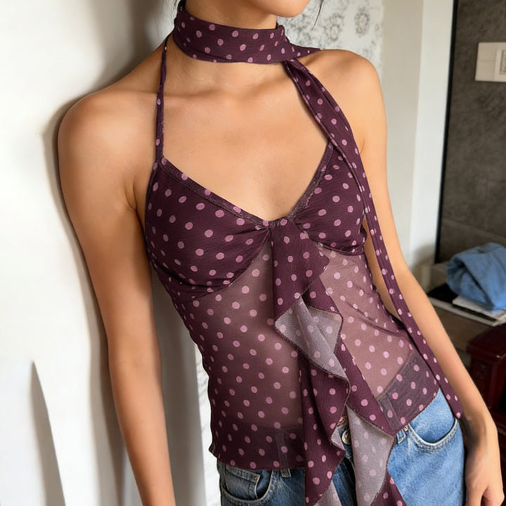 Damen luftiges Haltertop mit verspieltem Punkte-Design und Rüschendetails Drune