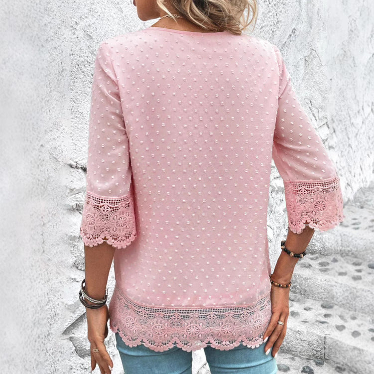 Damen nan feminine Chiffon-Tunika mit Pünktchenrelief, V-Ausschnitt und Häkelspitzenbesatz Drune