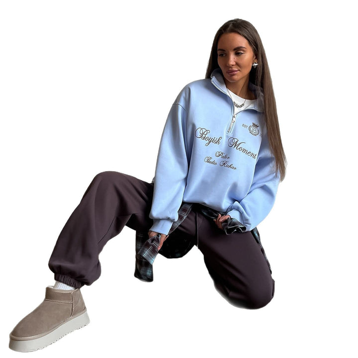 Damen Sweatshirt mit modernem Stehkragen und kreativem Druck Drune