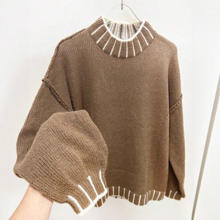 Damen lässiger Strickpullover mit hohem Kragen und anpassbaren Ärmeln Drune