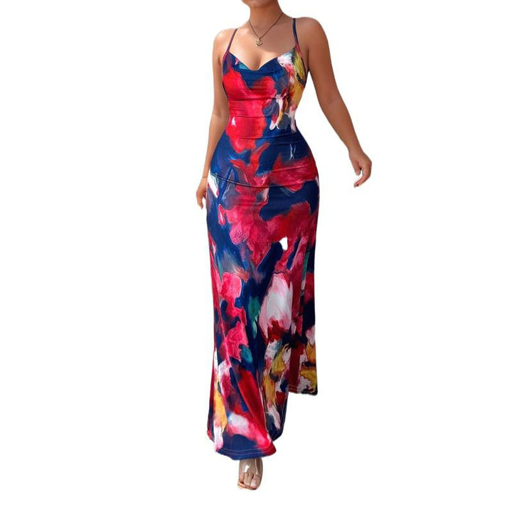 Damen Maxikleid mit floralem Aquarelldruck und schmalen Spaghetti-Trägern Drune