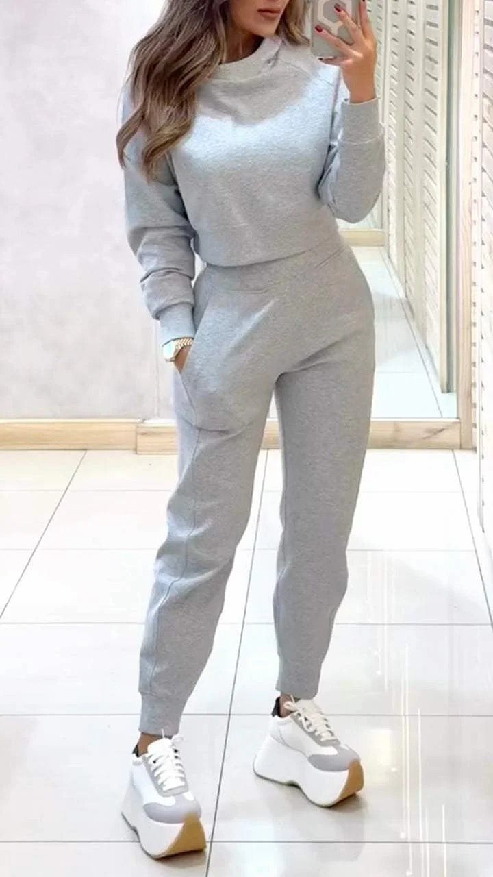 Damen sportlicher Lounge-Anzug mit cropped Oberteil und elastischen Hosen Drune
