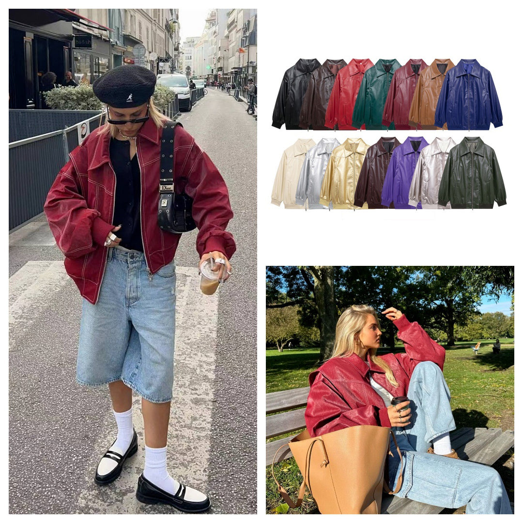 Damen lässige Kunstlederjacke mit hohem Kragen und Reißverschluss Drune
