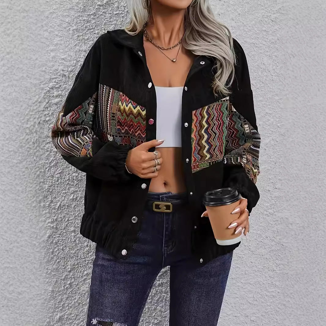 Damen Cordjacke mit buntem ethnischen Muster Drune