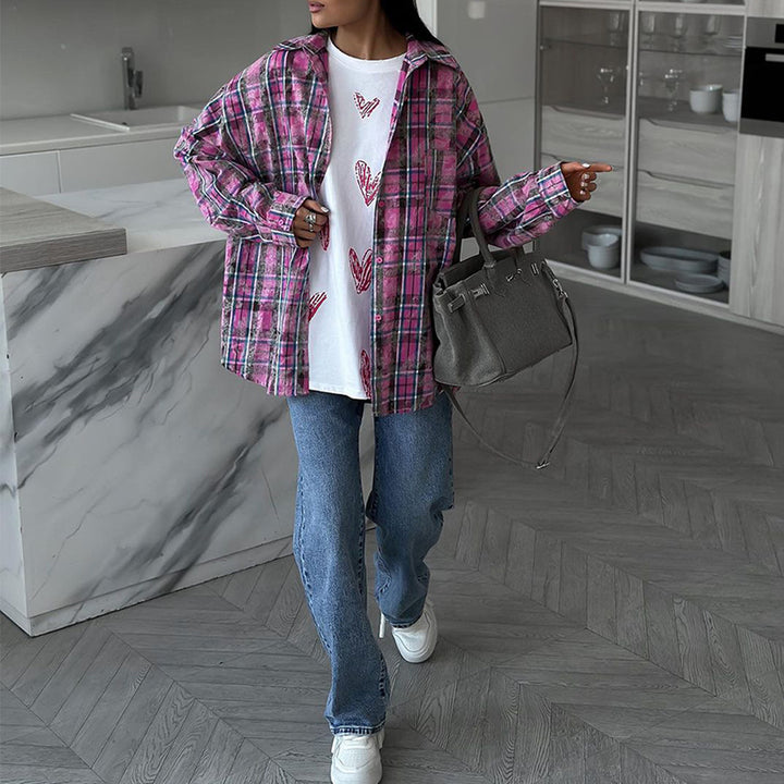 Damen lässige Karo-Hemdjacke im Oversized-Schnitt Drune