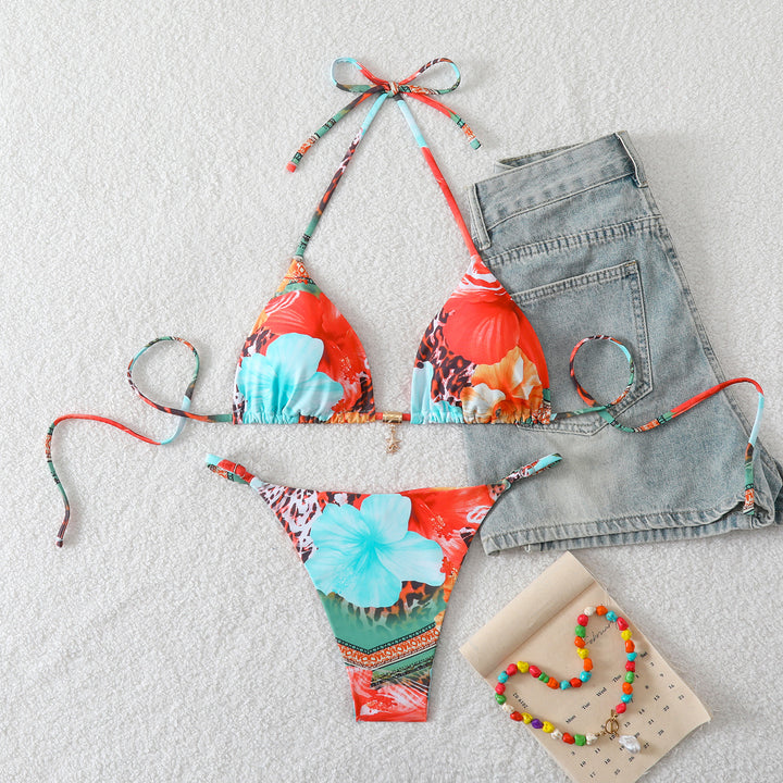 Damen Triangel-Bikini-Set mit verstellbaren Trägern und floralen Mustern Drune