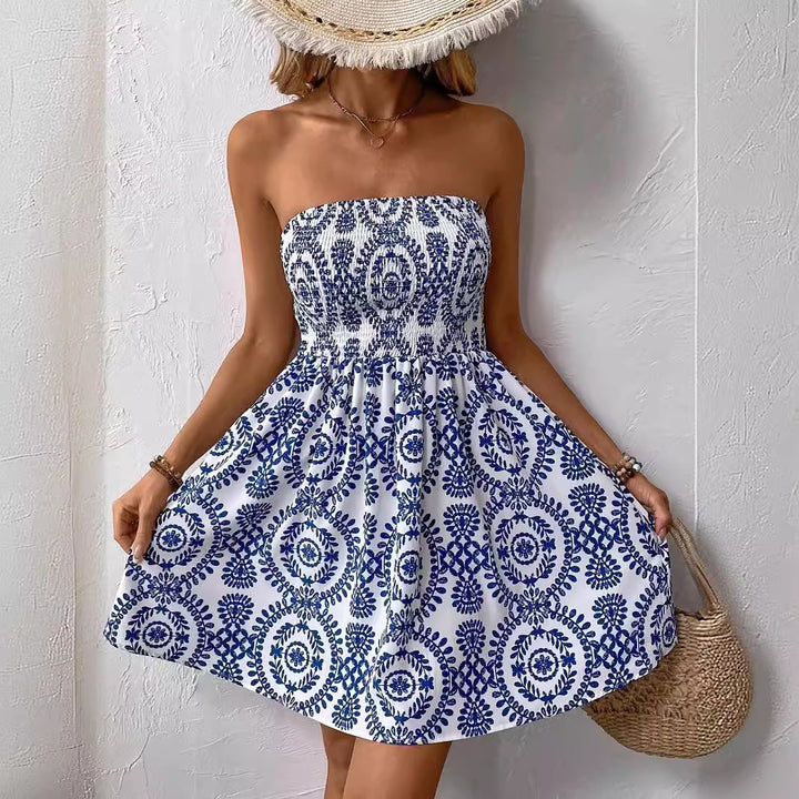 Damen nan schulterfreies Sommerkleid mit Smokoberteil und ausgestelltem Tellerrock Drune