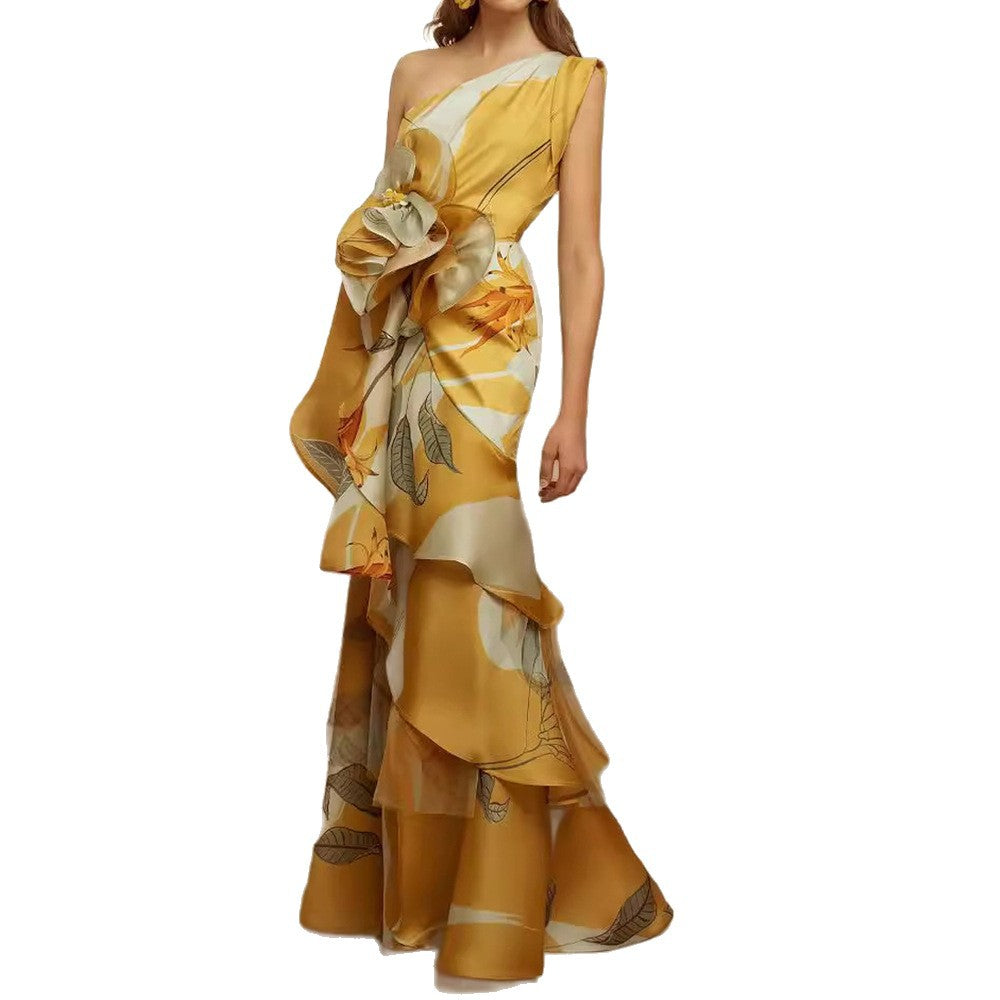 Damen Hochzeitskleid mit asymmetrischem Design und floralen Akzenten Drune