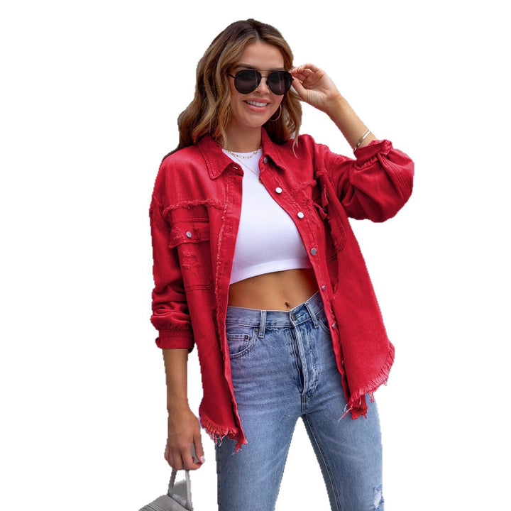 Damen nan oversized Utility-Denim-Hemdjacke mit Fransenbesatz und aufgesetzten Pattentaschen Drune