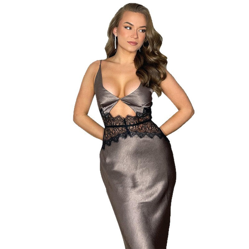 Damen hochgeschlossenes Maxikleid mit Spitzenakzenten und raffiniertem Ausschnitt Drune