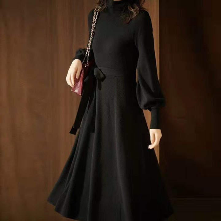 Damen Strickkleid mit hohem Kragen und Taillengürtel Drune