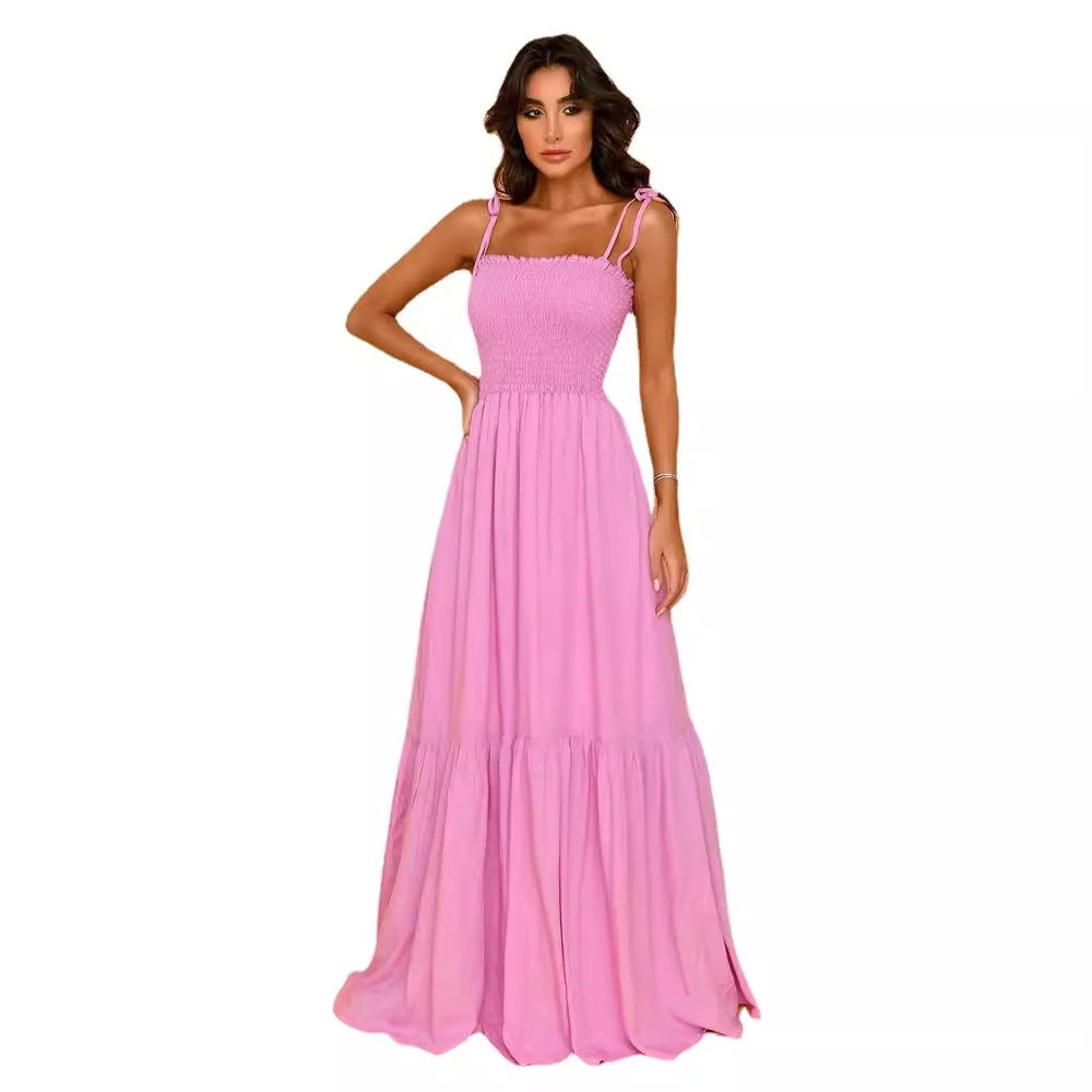 Damen luftiges Maxikleid mit Spaghetti-Trägern und Rüschendetails Drune