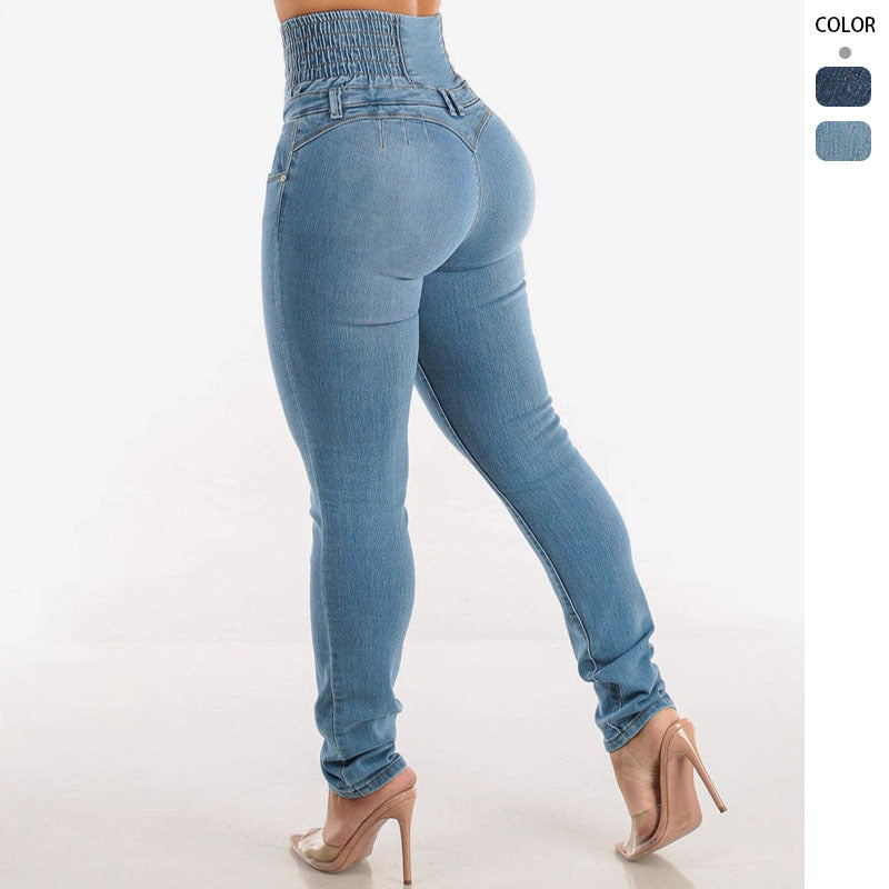 Damen Hochtaillierte Skinny Jeans mit dekorativen Knopfdetails und elastischem Bund Drune