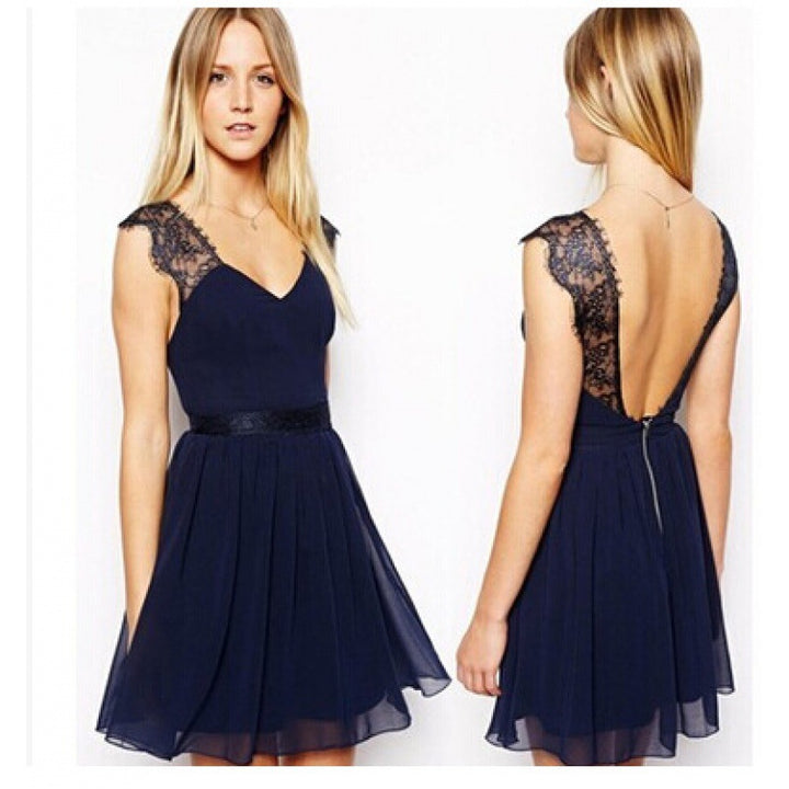 Damen Chiffon Kleid mit tiefem V-Ausschnitt und eleganter Spitzenverzierung Drune
